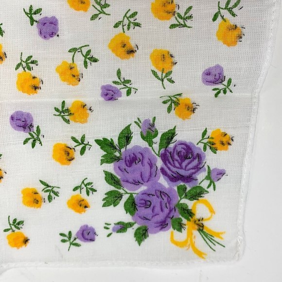 Floral Cotton Hankie Purple Yellow Roses Bouquet Handkerchief Pocket Scarf - Picture 2 of 3